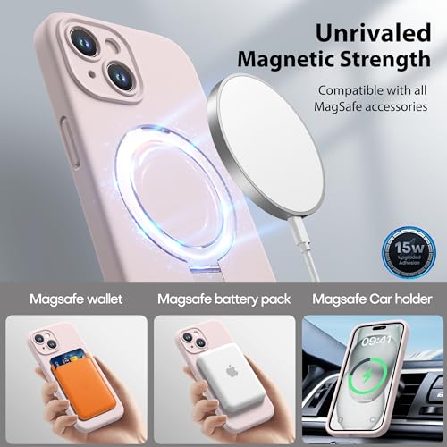 Magnetic Silicone Case for iPhone 15 [Compatible with MagSafe] with Kickstand