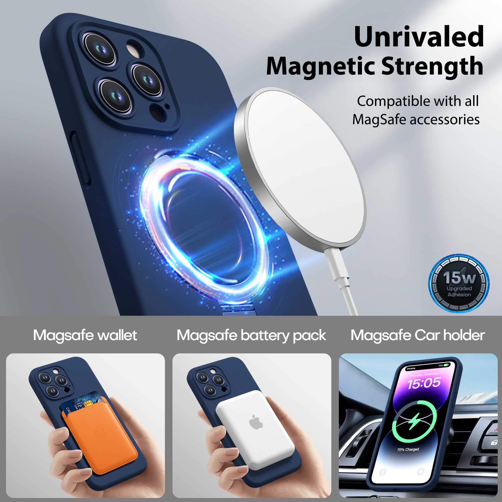 Magnetic Silicone Case for iPhone 14 Pro Max Case with Camera Cover and KickStand