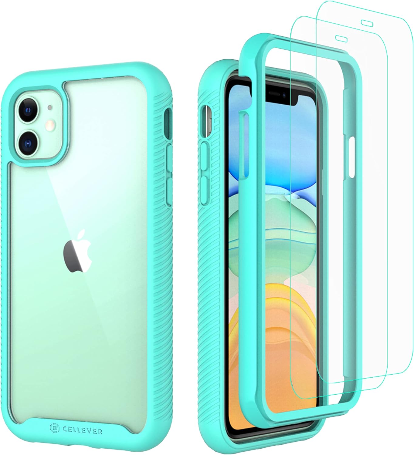 iPhone 11 Full Body case - 2x Glass screen Protector (Mint)