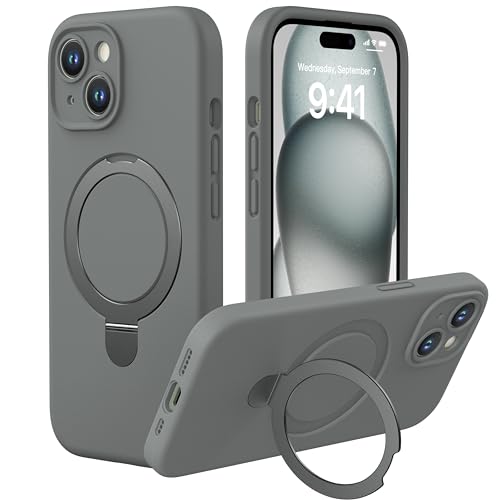 Magnetic Silicone Case for iPhone 15 [Compatible with MagSafe] with Kickstand