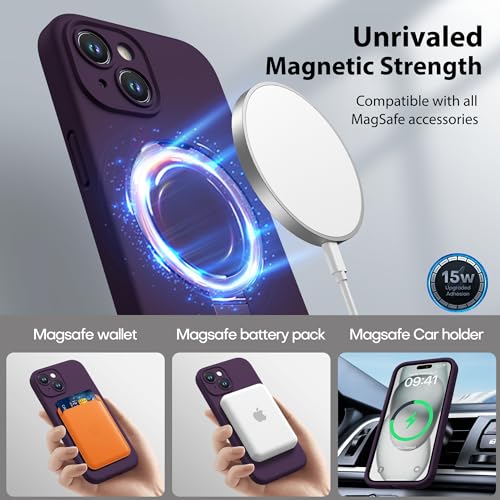 Magnetic Silicone Case for iPhone 15 [Compatible with MagSafe] with Kickstand