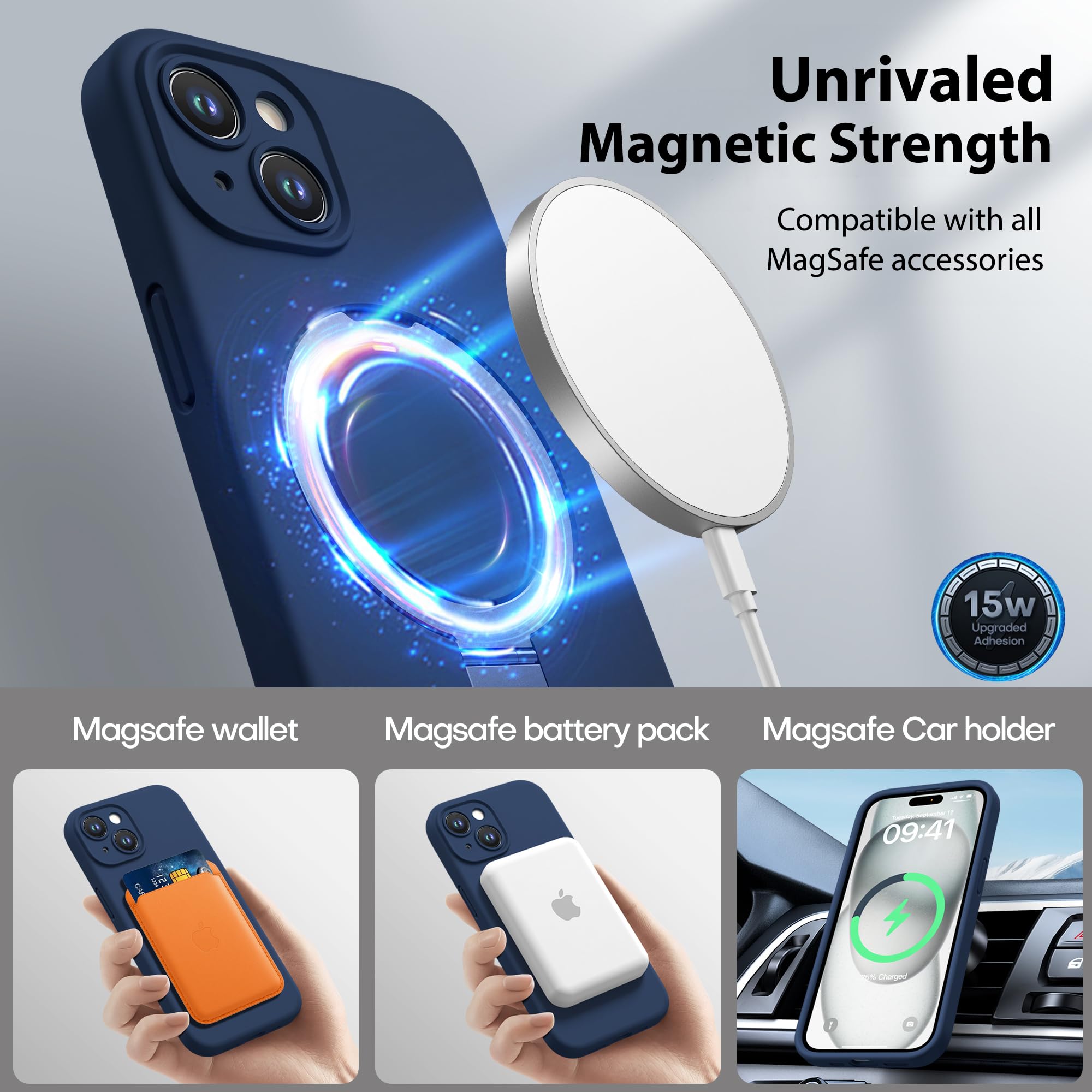 Magnetic Silicone Case for iPhone 15 [Compatible with MagSafe] with Kickstand