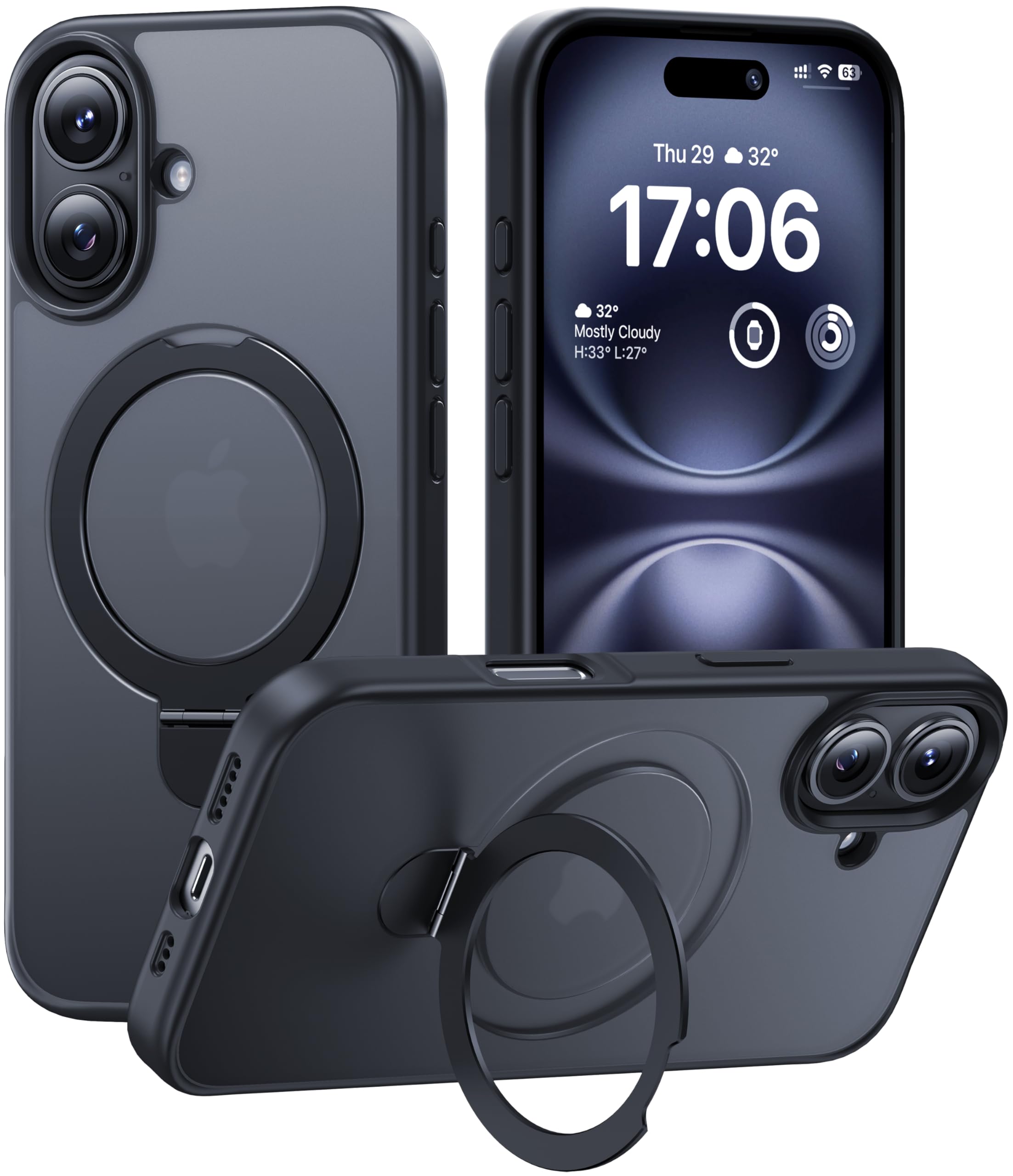 CellEver Strong Magnetic for iPhone 16 Case [for MagSafe Charging] Matte Skin Feel, Military Grade Protection, Translucent, Anti-Scratch, Never Yellowing, Cover with Kickstand, Black