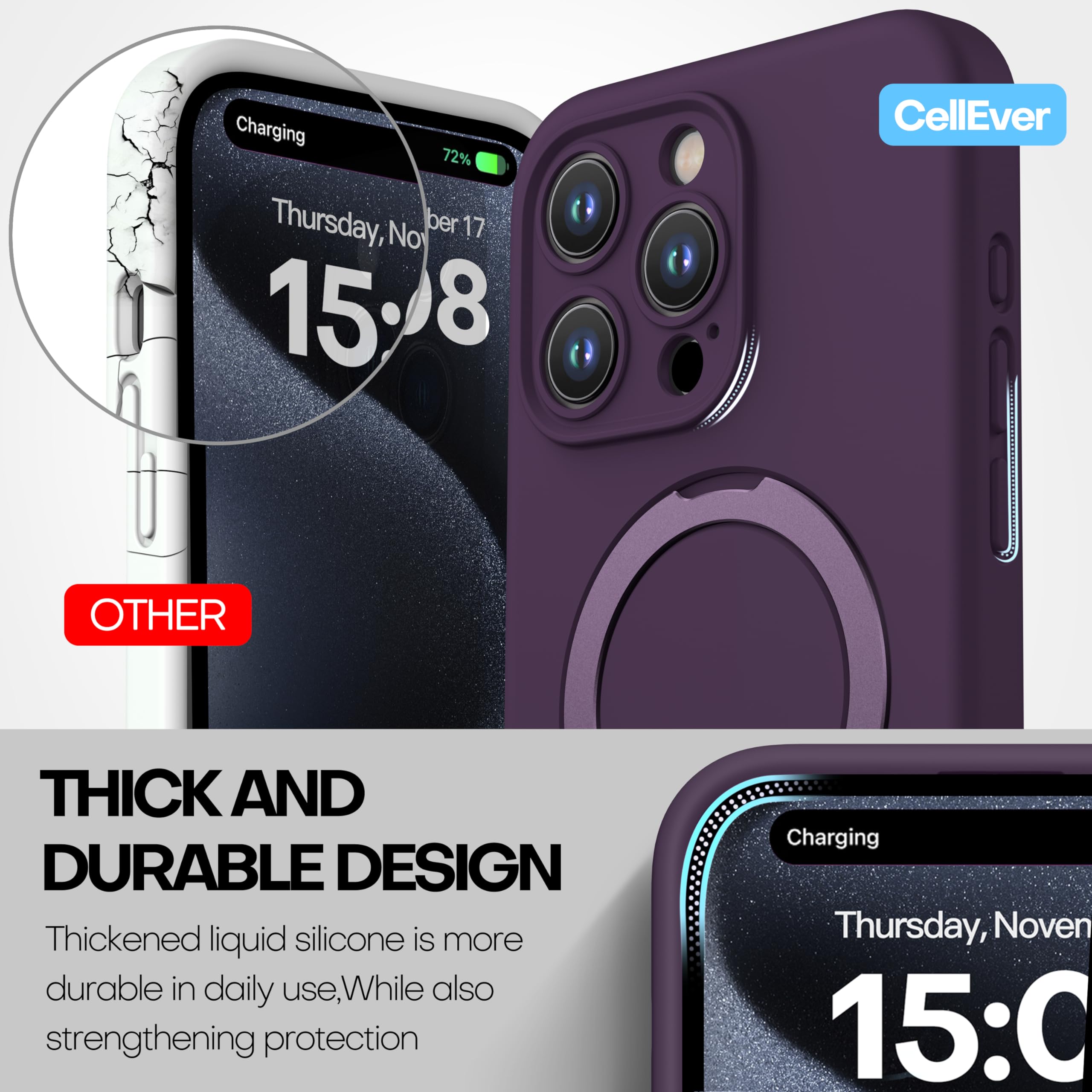 Magnetic Silicone Case for iPhone 15 Pro [Compatible with MagSafe] with Kickstand