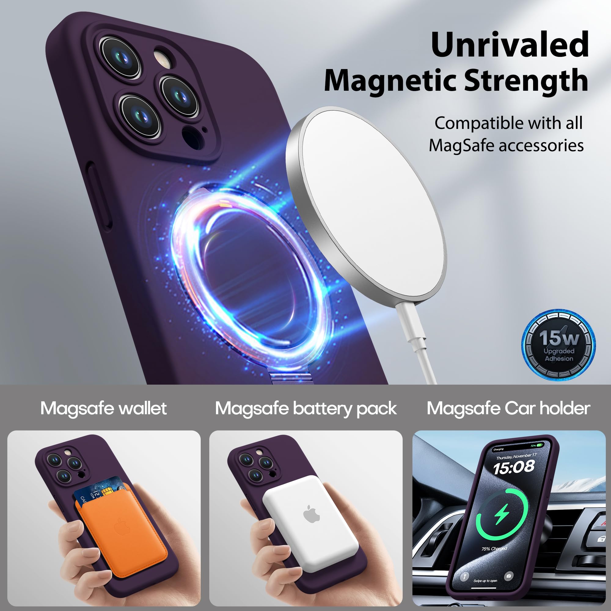 Magnetic Silicone for iPhone 15 Pro Max [Compatible with MagSafe] with Kickstand